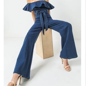 Flying Tomato denim off-the-shoulder jumpsuit
